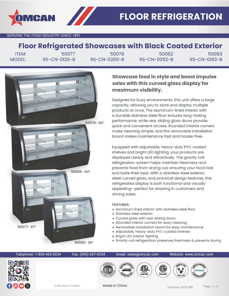 Omcan 47″ Floor Refrigerated Display Case – 18 Cu. Ft. (508L), Two-Shelf Black Bakery & Merchandising Display Cooler