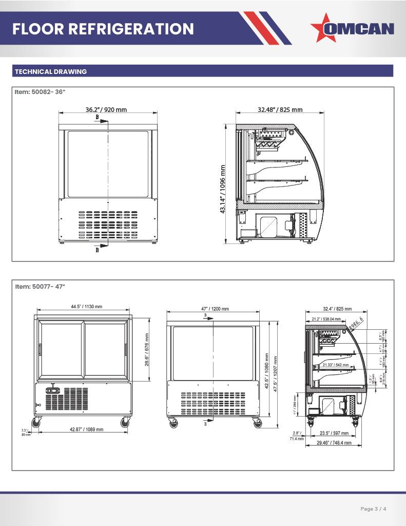 Omcan 47″ Floor Refrigerated Display Case – 18 Cu. Ft. (508L), Two-Shelf Black Bakery & Merchandising Display Cooler