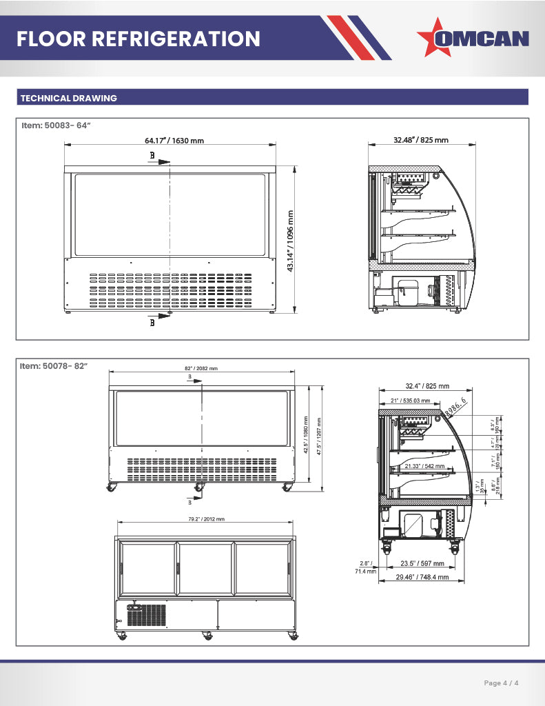 Omcan 64″ Floor Refrigerated Display Case – 22 Cu. Ft. (620L), Two-Shelf Black Bakery & Merchandising Display Cooler