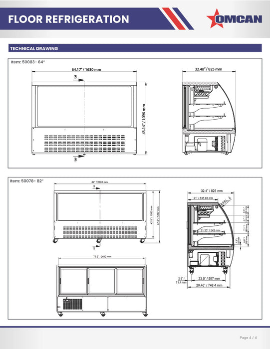 Omcan 64″ Floor Refrigerated Display Case – 22 Cu. Ft. (620L), Two-Shelf Black Bakery & Merchandising Display Cooler