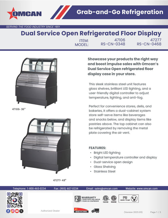 Omcan 36″ Open Refrigerated Floor Display Case – 12.5 Cu. Ft. (354L), One-Shelf Black Dual-Service Merchandising Display Cooler