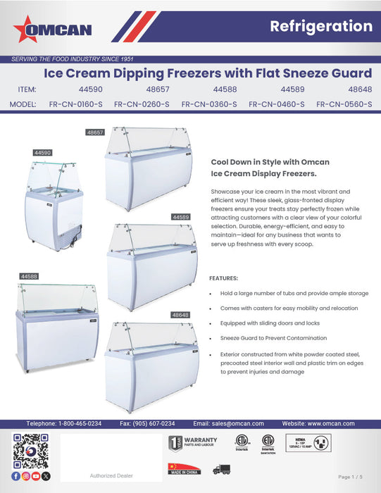 Omcan 39″ Ice Cream Dipping Freezer – 6+4 Tubs Capacity, Flat Sneeze Guard Ice Cream Merchandiser Freezer, 110V/60Hz/1Ph