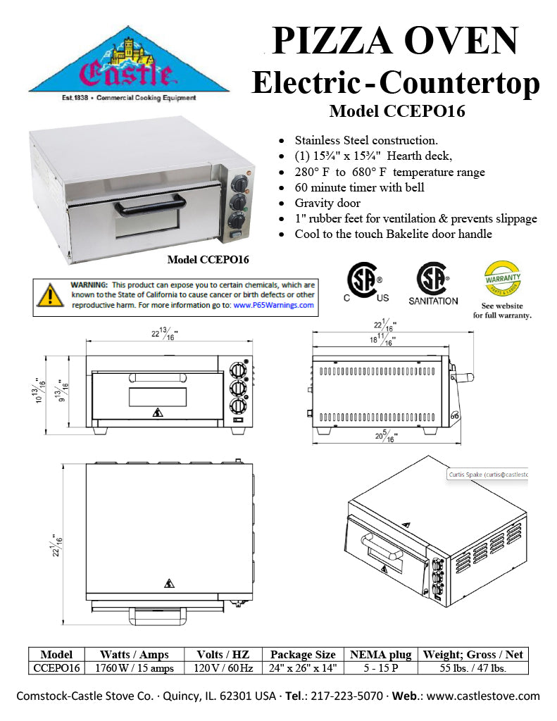 Comstock-Castle CCEPO16 23" Countertop Electric Deck/Pizza Oven, Single Deck, Stainless Steel, 120v - Donut-Supplies.Com