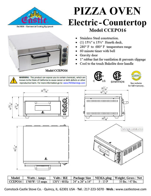 Comstock-Castle CCEPO16 23" Countertop Electric Deck/Pizza Oven, Single Deck, Stainless Steel, 120v - Donut-Supplies.Com