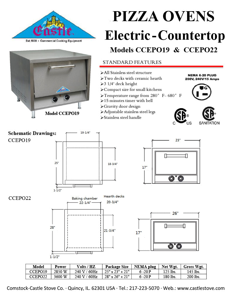 Comstock-Castle CCEPO19 29" Countertop Electric Deck/Pizza Oven, Double Deck, Stainless Steel, 240v - Donut-Supplies.Com