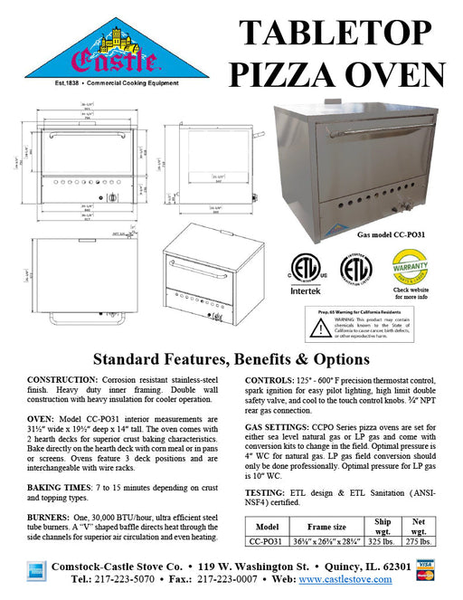 Comstock-Castle CC-PO31 36" Countertop Gas Deck/Pizza Oven, Double Deck, Stainless Steel - Donut-Supplies.Com