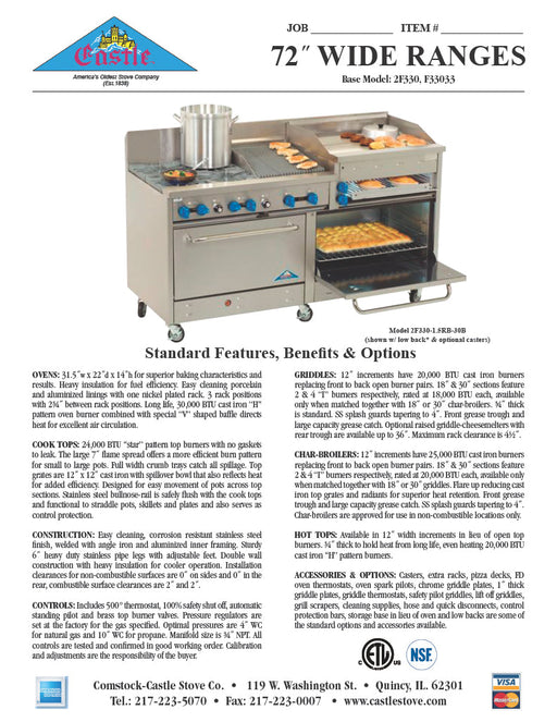 Comstock-Castle 2F330-6RB 72" Gas Restaurant Range, 4 Open Burners, 36" Radiant Broiler, 2 Standard Ovens, Stainless Steel Front, 185,000 BTU - Donut-Supplies.Com