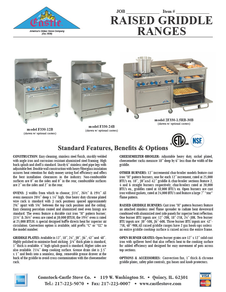 Comstock-Castle 2F330-1.5RB-30B 72" Gas Restaurant Range, 4 Open Burners, 27" Radiant Broiler, 30" Charbroiler, 2 Standard Ovens, Stainless Steel Front, 246,000 BTU - Donut-Supplies.Com