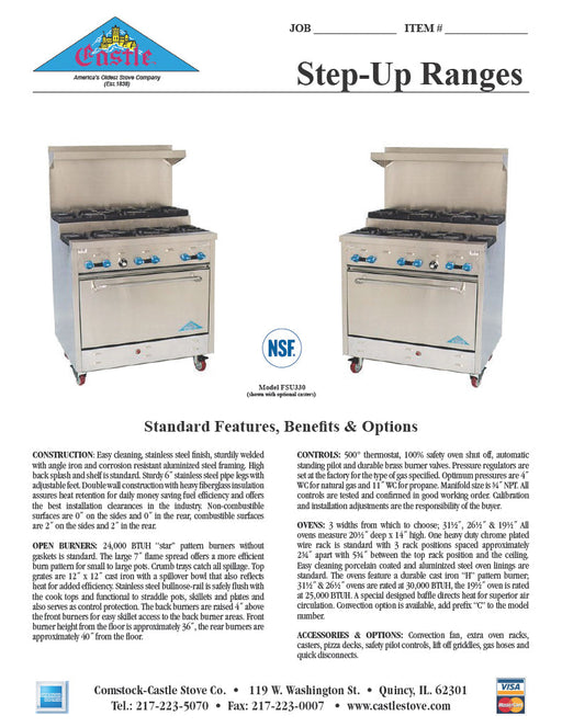 Comstock-Castle 2FSU330 72" Gas Step-Up Restaurant Range, 12 Step-Up Open Burners, 2 Standard Ovens, Stainless Steel Front, 358,000 BTU - Donut-Supplies.Com