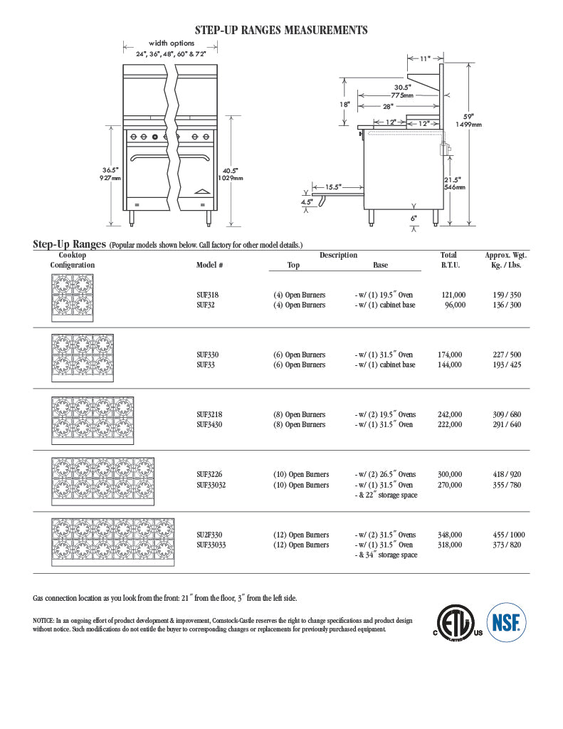 Comstock-Castle 2FSU330 72" Gas Step-Up Restaurant Range, 12 Step-Up Open Burners, 2 Standard Ovens, Stainless Steel Front, 358,000 BTU - Donut-Supplies.Com