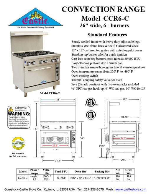 Comstock-Castle CCR6-C 36" Gas Restaurant Range, 6 Open Burners, 2 Standard Ovens, Stainless Steel Front, Adjustable Legs, 211,000 BTU - Donut-Supplies.Com