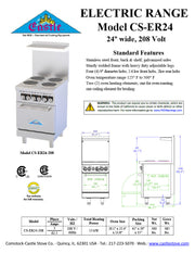 Comstock-Castle CS-ER24-208 24" Electric Restaurant Range, Thermostat Controls, Adjustable Feet, Stainless Steel Construction, 208V, 2.6 kW - Donut-Supplies.Com