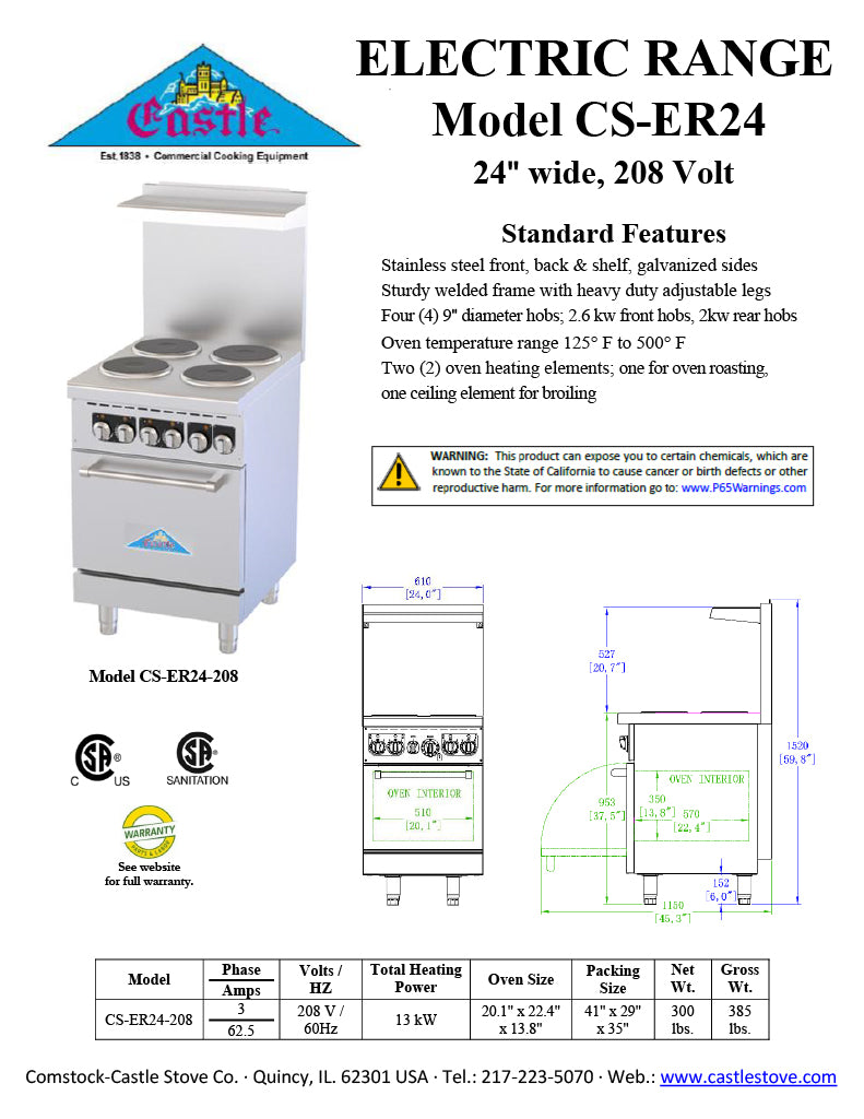 Comstock-Castle CS-ER24-208 24" Electric Restaurant Range, Thermostat Controls, Adjustable Feet, Stainless Steel Construction, 208V, 2.6 kW - Donut-Supplies.Com