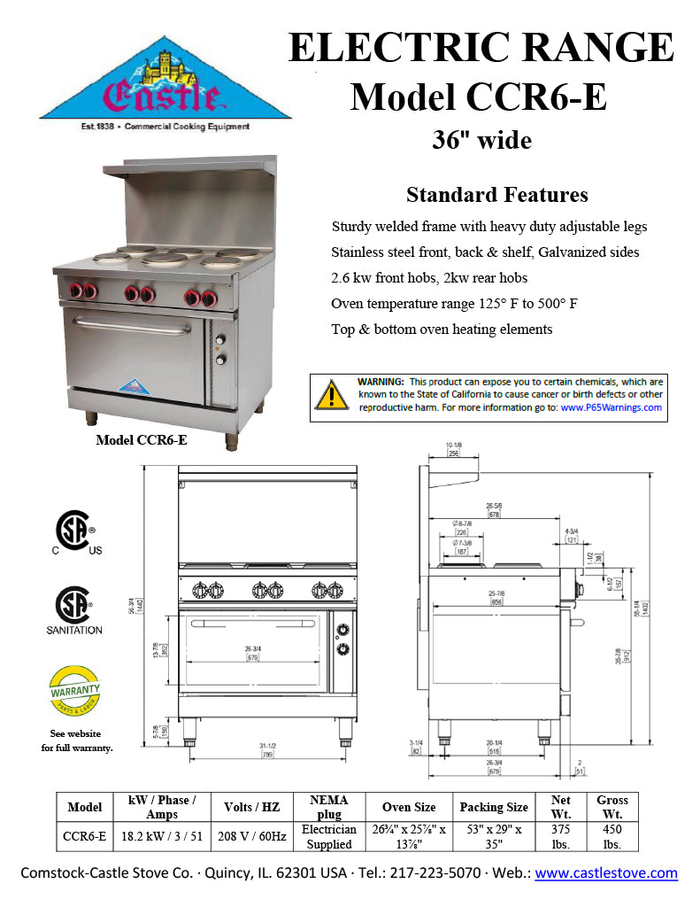 Comstock-Castle CS-ER36-208 36" Electric Restaurant Range, Thermostat Controls, Adjustable Feet, Stainless Steel Construction, 208V, 2.6 kW - Donut-Supplies.Com