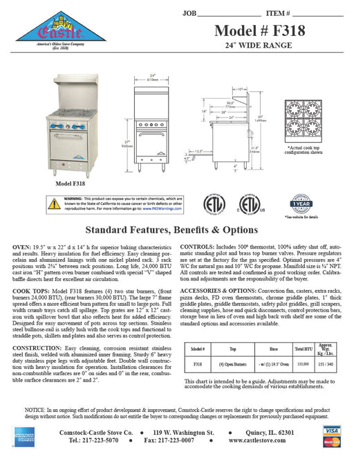 Comstock-Castle F318 24" Gas Restaurant Range, 4 Open Burners, Single Standard Oven, Stainless Steel Front, 132,000 BTU - Donut-Supplies.Com