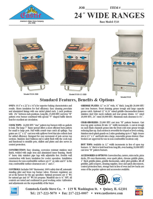 Comstock-Castle F318-12 24" Gas Restaurant Range, 2 Open Burners, 12" Griddle, Single Standard Oven, Stainless Steel Front, 93,000 BTU - Donut-Supplies.Com