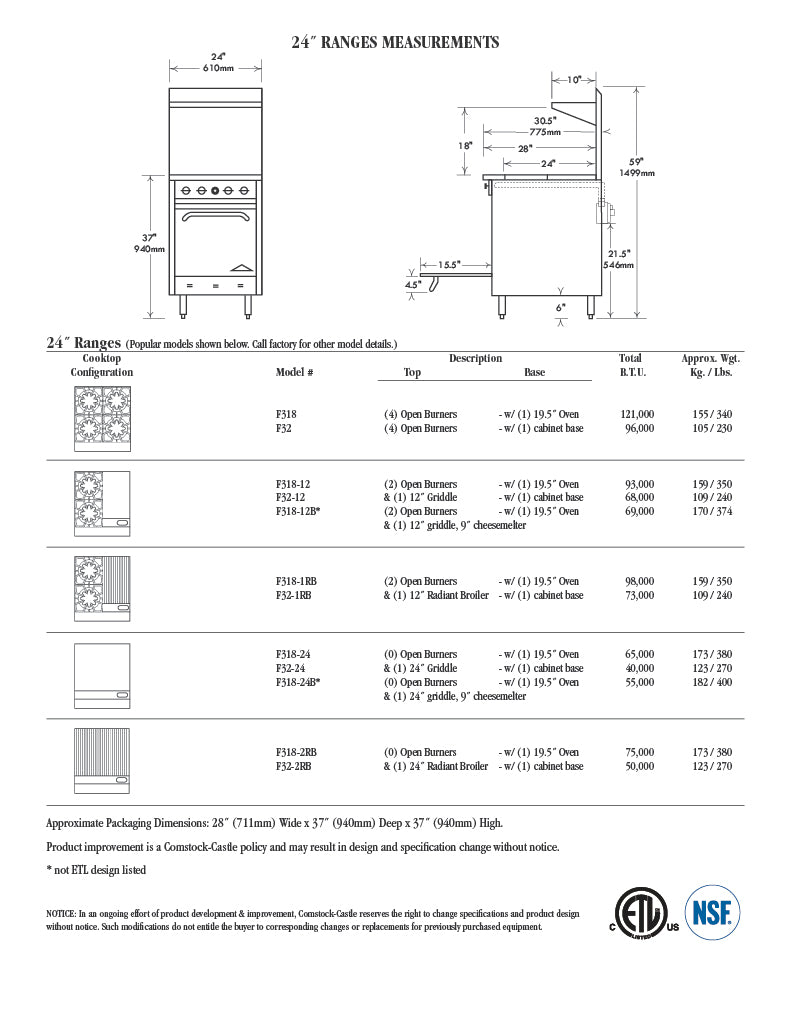 Comstock-Castle F318-1RB 24" Gas Restaurant Range, 2 Open Burners, 12" Radiant Broiler, Single Standard Oven, Stainless Steel Front, 98,000 BTU - Donut-Supplies.Com