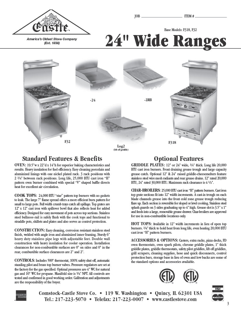 Comstock-Castle F32 24" Gas Restaurant Range, 4 Open Burners, Cabinet Base, Stainless Steel Front, 96,000 BTU - Donut-Supplies.Com