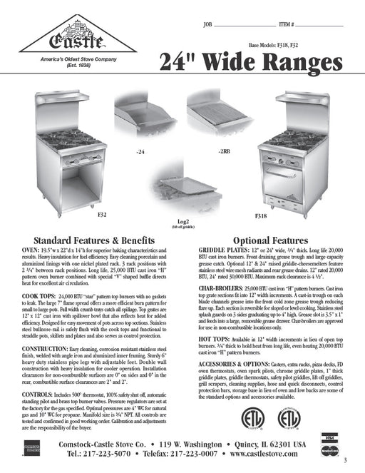 Comstock-Castle F32 24" Gas Restaurant Range, 4 Open Burners, Cabinet Base, Stainless Steel Front, 96,000 BTU - Donut-Supplies.Com