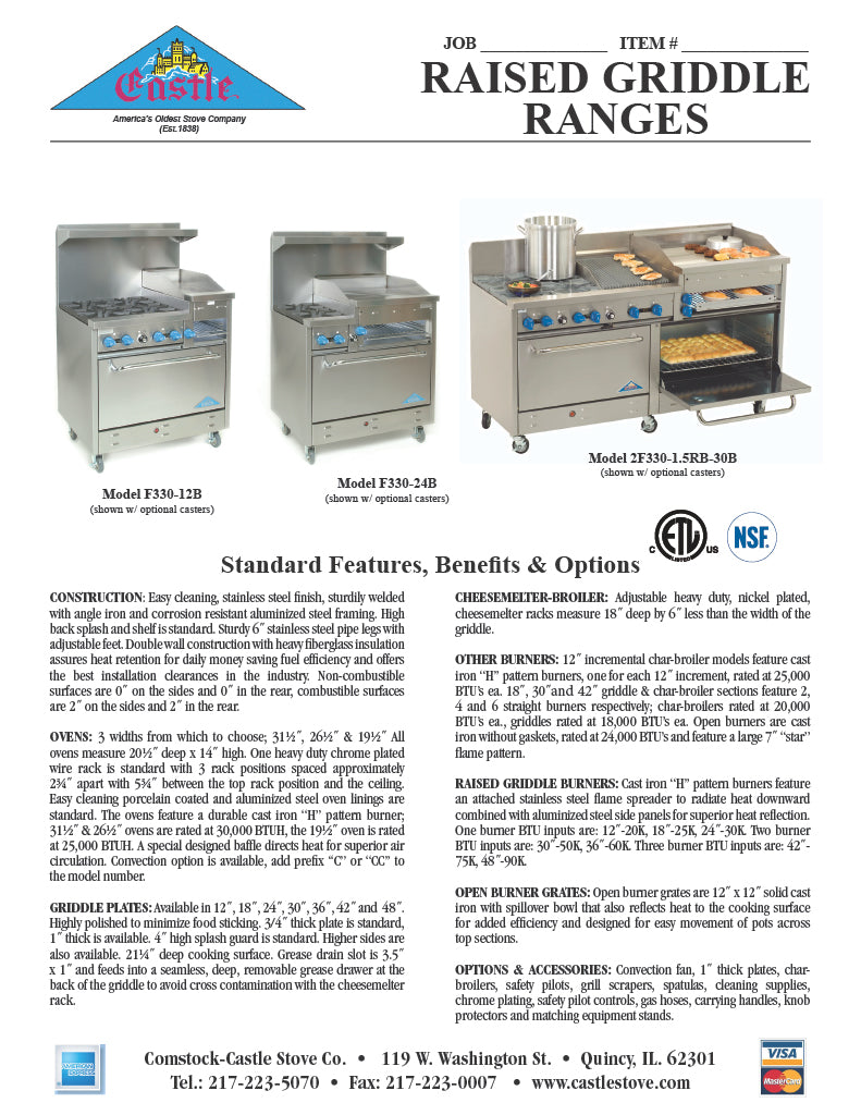 Comstock-Castle F3218-24B 48" Gas Restaurant Range, 4 Open Burners, 24" Charbroiler, 2 Standard Ovens, Stainless Steel Front, 204,000 BTU - Donut-Supplies.Com