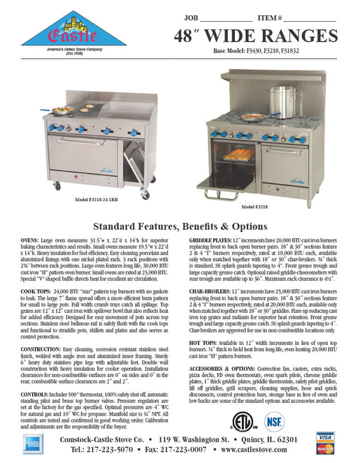 Comstock-Castle F3218-2RB 48" Gas Restaurant Range, 4 Open Burners, 24" Radiant Broiler, 2 Standard Ovens, Stainless Steel Front, 196,000 BTU - Donut-Supplies.Com