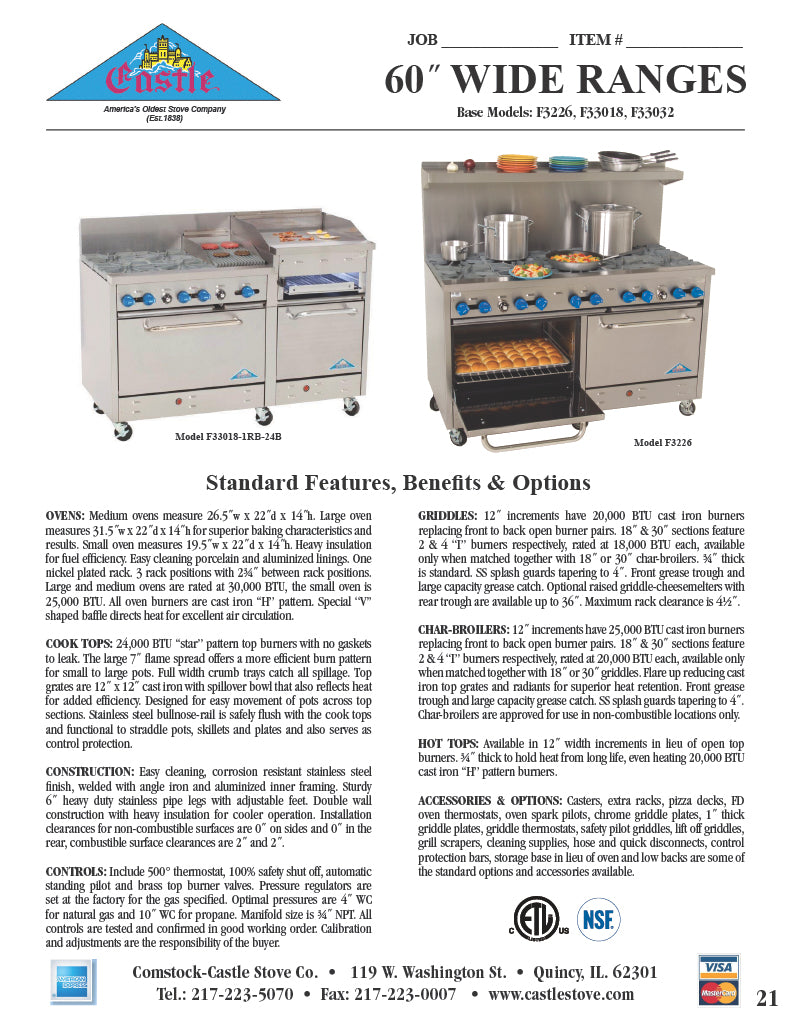 Comstock-Castle F3226-24-1RB 60" Gas Restaurant Range, 4 Open Burners, 24" Griddle, 12" Radiant Broiler, 2 Standard Ovens, Stainless Steel Front, 246,000 BTU - Donut-Supplies.Com