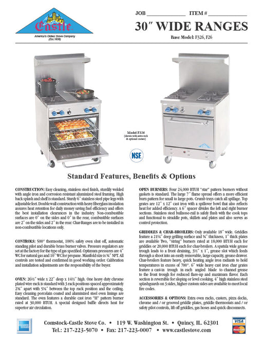 Comstock-Castle F326-18 30" Gas Restaurant Range, 2 Open Burners, 18" Griddle, Single Standard Oven, Stainless Steel Front, 114,000 BTU - Donut-Supplies.Com
