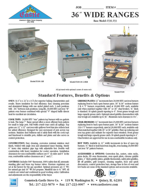 Comstock-Castle F33 36" Gas Restaurant Range, 6 Open Burners, Cabinet Base, Stainless Steel Front, 144,000 BTU - Donut-Supplies.Com