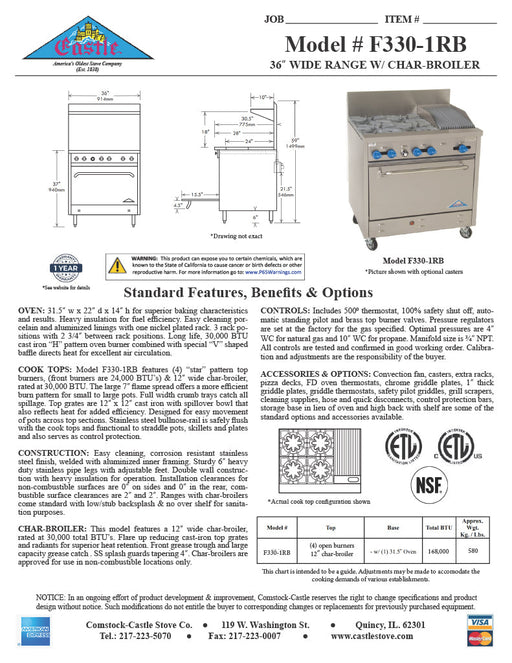 Comstock-Castle F330-1RB 36" Gas Restaurant Range, 4 Open Burners, 12" Radiant Broiler, Single Standard Oven, Stainless Steel Front, 151,000 BTU - Donut-Supplies.Com