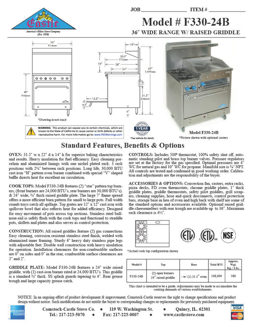 Comstock-Castle F330-24B 36" Gas Restaurant Range, 2 Open Burners, 24" Charbroiler, Single Standard Oven, Stainless Steel Front, 108,000 BTU - Donut-Supplies.Com