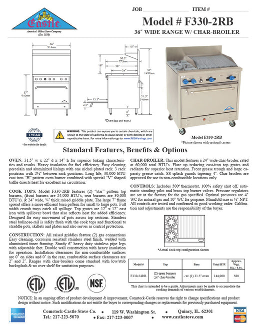 Comstock-Castle F330-2RB 36" Gas Restaurant Range, 2 Open Burners, 24" Radiant Broiler, Single Standard Oven, Stainless Steel Front, 144,000 BTU - Donut-Supplies.Com