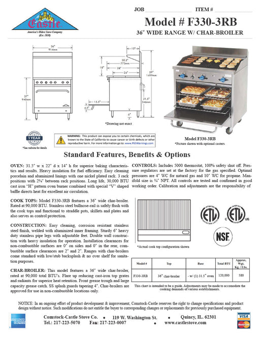 Comstock-Castle F330-3RB 36" Gas Restaurant Range, 36" Radiant Broiler, Single Standard Oven, Stainless Steel Front, 105,000 BTU - Donut-Supplies.Com