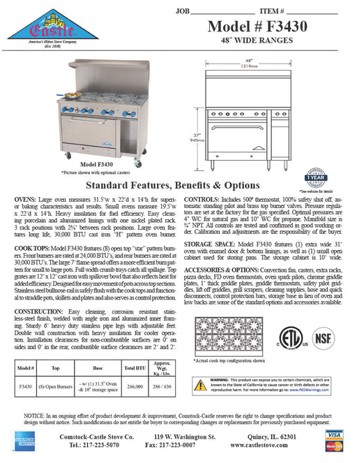 Comstock-Castle F3430 48" Gas Restaurant Range, 8 Open Burners, Single Standard Oven, Stainless Steel Front, 246,000 BTU - Donut-Supplies.Com