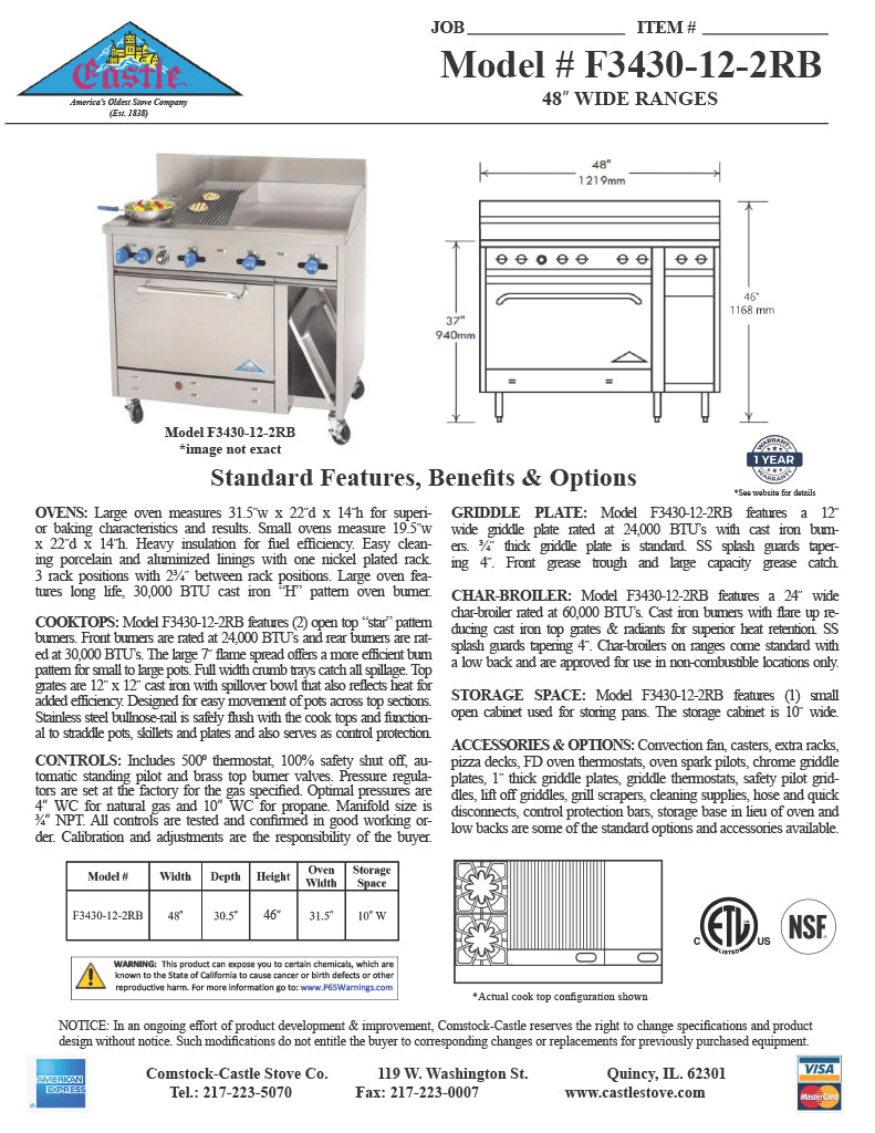Comstock-Castle F3430-12-2RB 48" Gas Restaurant Range, 2 Open Burners, 12" Griddle, 24" Charbroiler, Single Standard Oven, Stainless Steel Front, 148,000 BTU - Donut-Supplies.Com