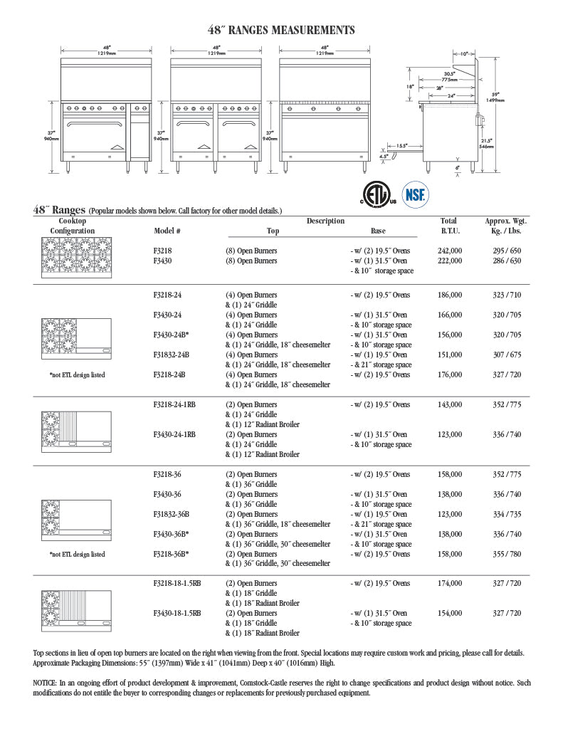 Comstock-Castle F3430-12B 48" Gas Restaurant Range, 6 Open Burners, 12" Charbroiler, Single Standard Oven, Stainless Steel Front, 214,000 BTU - Donut-Supplies.Com