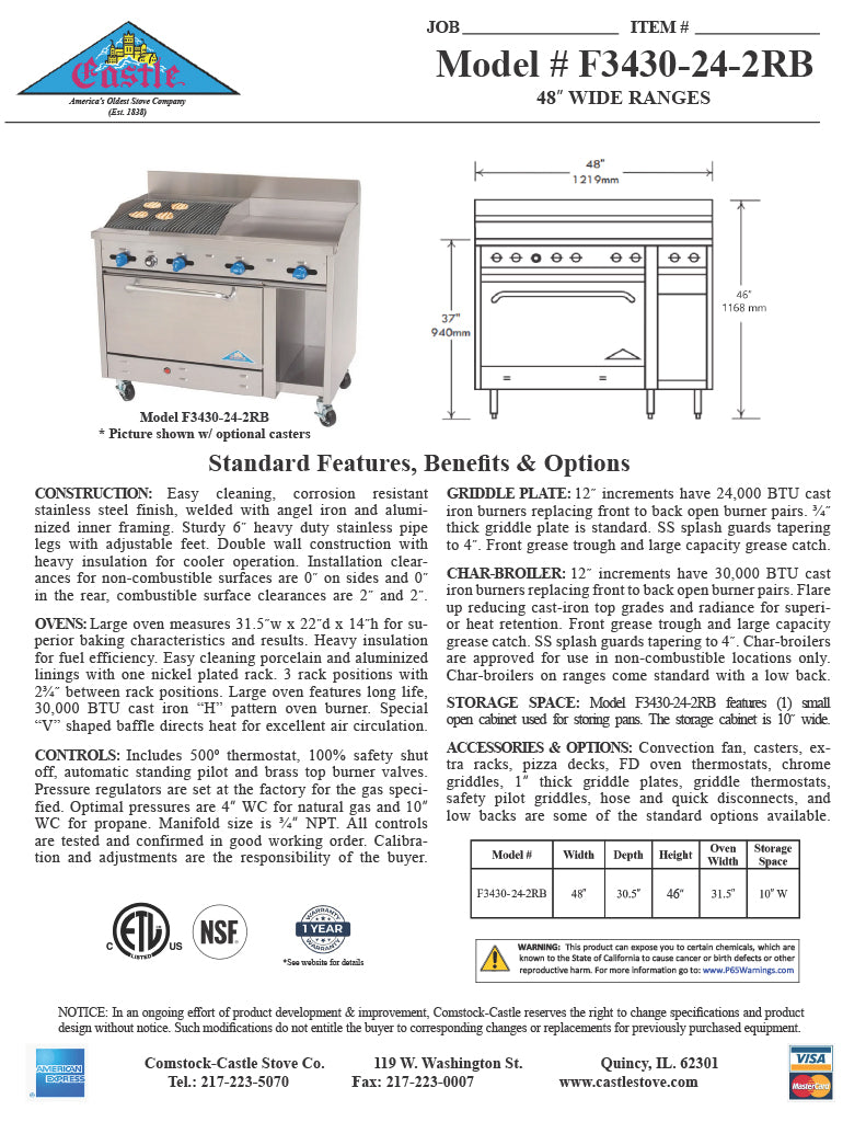 Comstock-Castle F3430-24-2RB 48" Gas Restaurant Range, 24" Griddle, 24" Charbroiler, Single Standard Oven, Stainless Steel Front, 120,000 BTU - Donut-Supplies.Com