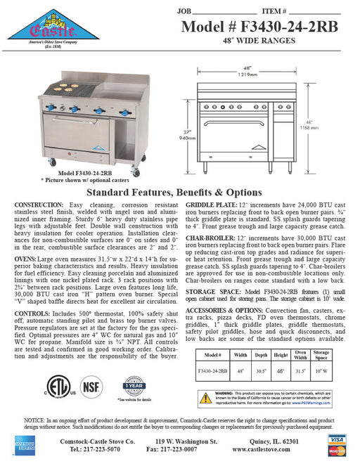 Comstock-Castle F3430-24-2RB 48" Gas Restaurant Range, 24" Griddle, 24" Charbroiler, Single Standard Oven, Stainless Steel Front, 120,000 BTU - Donut-Supplies.Com