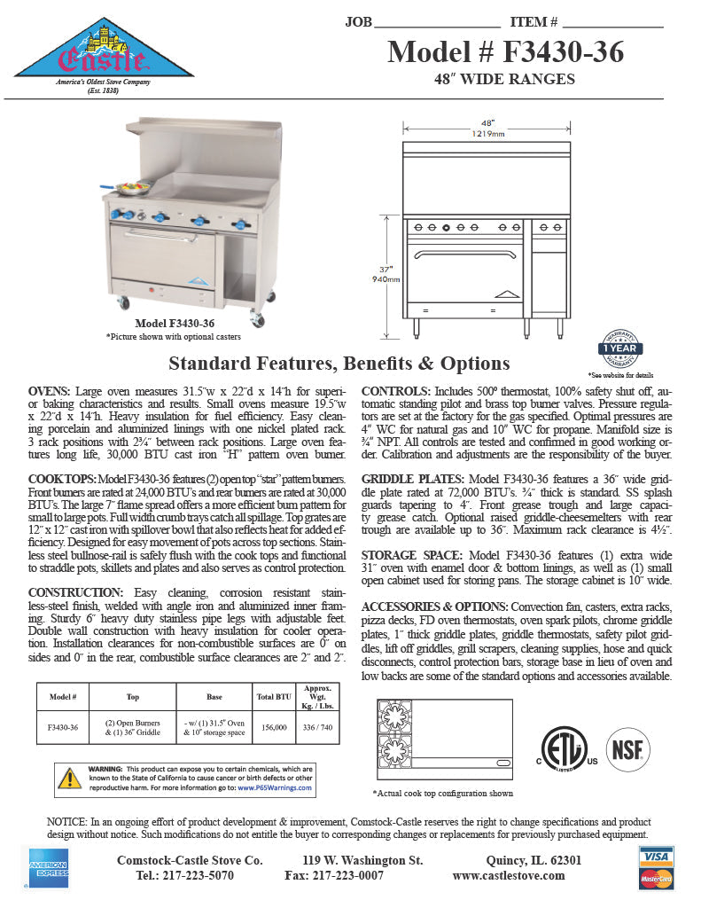 Comstock-Castle F3430-36 48" Gas Restaurant Range, 2 Open Burners, 36" Griddle, Single Standard Oven, Stainless Steel Front, 138,000 BTU - Donut-Supplies.Com