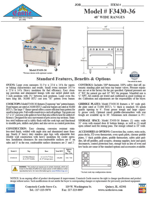Comstock-Castle F3430-36 48" Gas Restaurant Range, 2 Open Burners, 36" Griddle, Single Standard Oven, Stainless Steel Front, 138,000 BTU - Donut-Supplies.Com