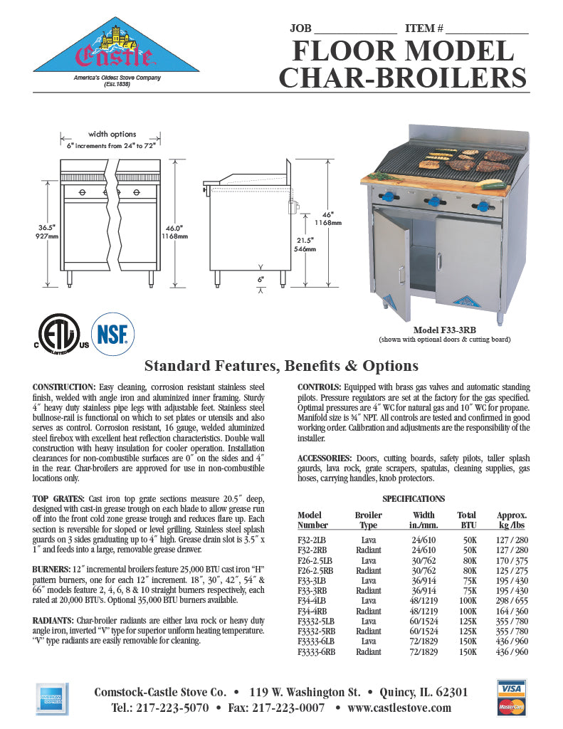 Comstock-Castle F34-4RB 48" Gas Restaurant Range, Radiant Broiler, Cabinet Base, Stainless Steel Front, 100,000 BTU - Donut-Supplies.Com
