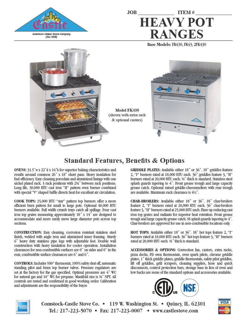 Comstock-Castle FK430 36" Gas Restaurant Range, 4 Open Burners, Single Standard Oven, Stainless Steel Front, 160,000 BTU - Donut-Supplies.Com