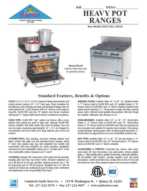 Comstock-Castle FK430 36" Gas Restaurant Range, 4 Open Burners, Single Standard Oven, Stainless Steel Front, 160,000 BTU - Donut-Supplies.Com