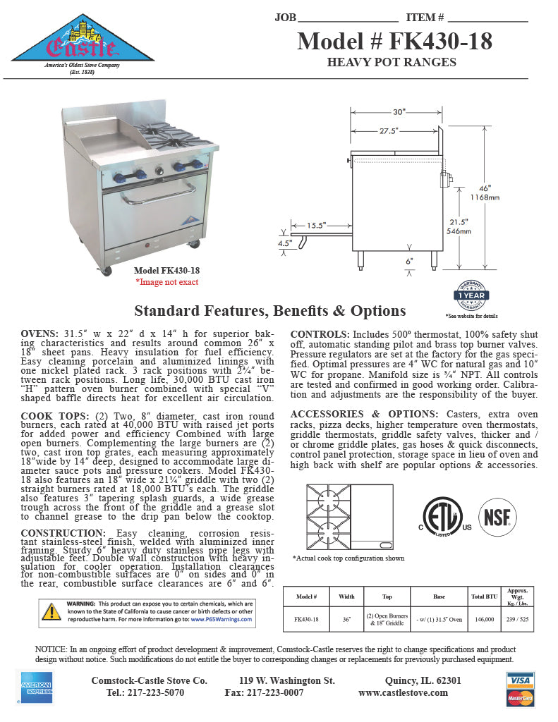 Comstock-Castle FK430-18 36" Gas Restaurant Range, 2 Open Burners, 18" Griddle, Single Standard Oven, Stainless Steel Front, 80,000 BTU - Donut-Supplies.Com