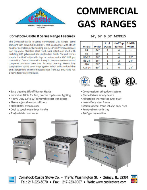 Comstock-Castle R4 24" Gas Restaurant Range, 4 Open Burners, Double Standard Oven, Stainless Steel Front, 150,000 BTU - Donut-Supplies.Com