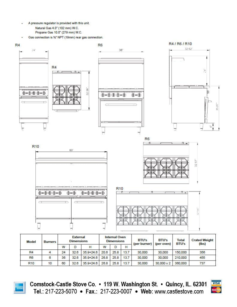Comstock-Castle R4 24" Gas Restaurant Range, 4 Open Burners, Double Standard Oven, Stainless Steel Front, 150,000 BTU - Donut-Supplies.Com