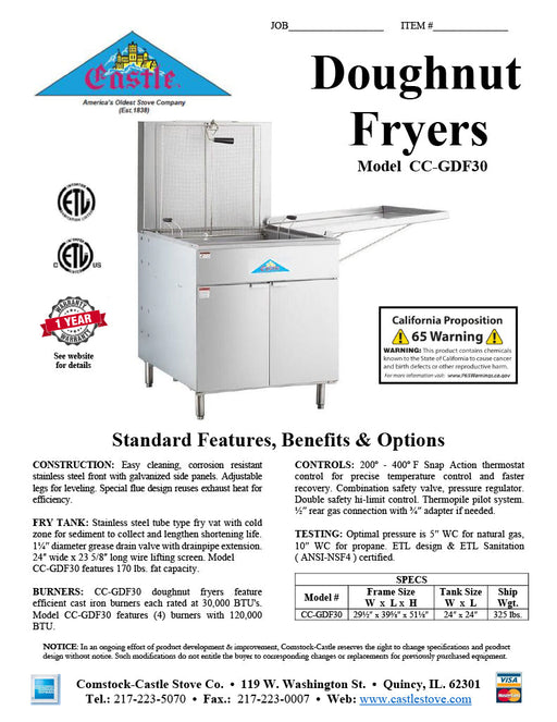 Comstock-Castle CC-GDF30 30" Gas Floor Model Donut Fryer, 24" x 24" Fry Pot, 150–210 lb. Fat Capacity, Thermostatic Controls, Stainless Steel Front, 120,000 BTU - Donut-Supplies.Com