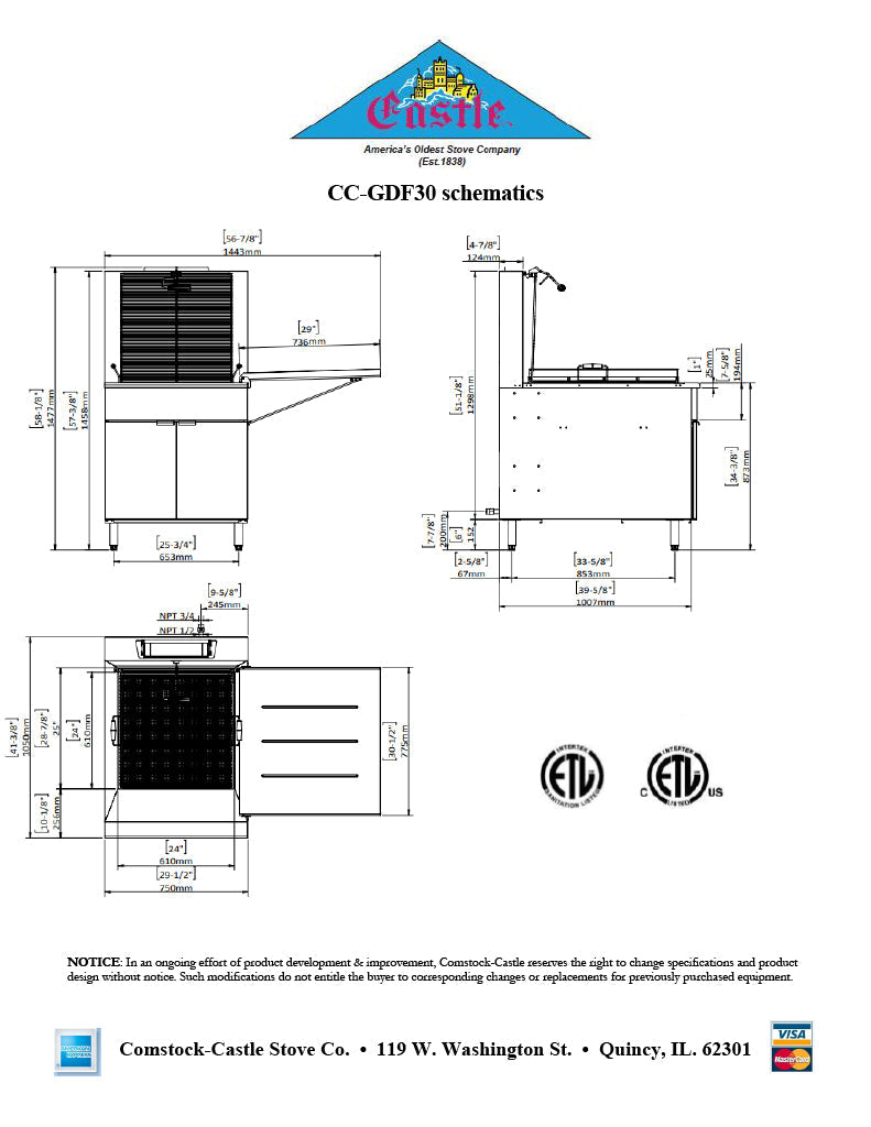 Comstock-Castle CC-GDF30 30" Gas Floor Model Donut Fryer, 24" x 24" Fry Pot, 150–210 lb. Fat Capacity, Thermostatic Controls, Stainless Steel Front, 120,000 BTU - Donut-Supplies.Com