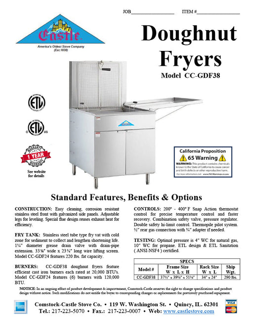 Comstock-Castle CC-GDF38 38" Gas Floor Model Donut Fryer, 34" x 24" Fry Pot, 220 lb. Fat Capacity, Thermostatic Controls, Stainless Steel Front, 150,000 BTU - Donut-Supplies.Com