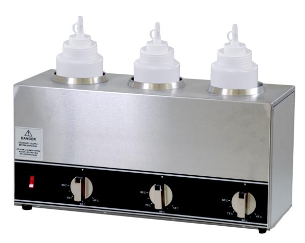 Omcan 3 x 32 oz Triple Bottle Sauce Warmer – Commercial Countertop Triple Condiment Heating Station for Sauces and Dressings