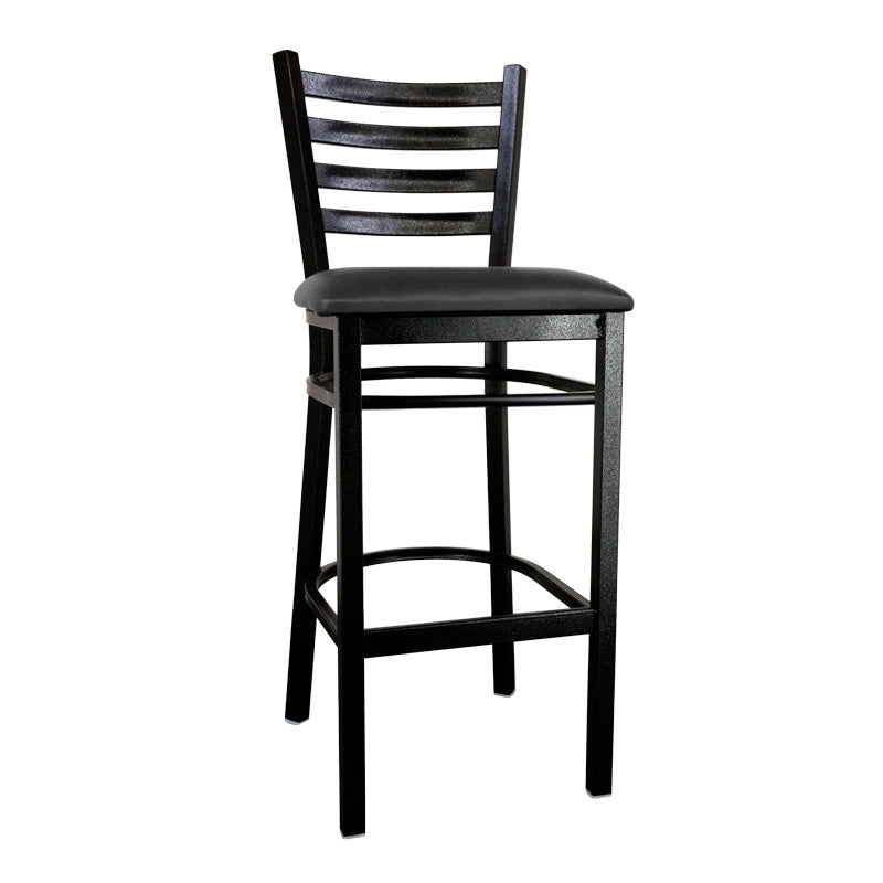 Omcan Metal Ladder Back Bar Height Chair with Black Vinyl Seat – Commercial Restaurant Bar Chair with Black Steel Frame and Upholstered Vinyl Seat Design